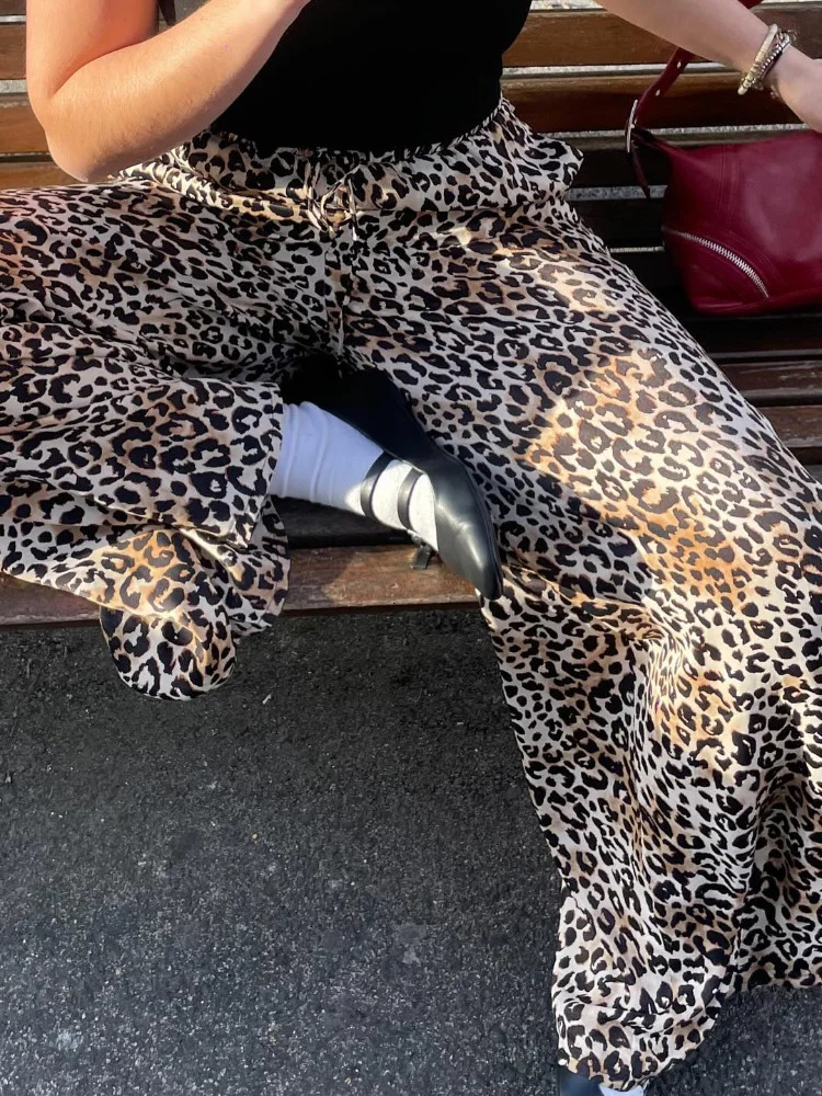 Vintage Leopard Women Pants Casual Lace Up Wide Leg High Waist Loose All-match Trouser 2024 Summer Fashion Lady Y2k Streetwear 241011