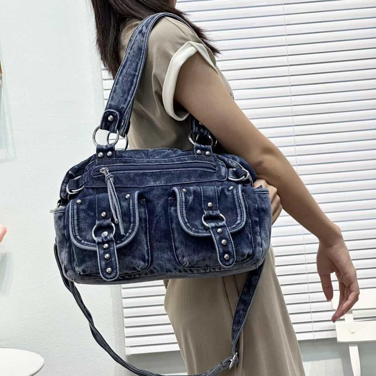 Fashion Multi Pocket Washable Punk Cowboy Trendy Versatile Women's Bag Handheld Single Shoulder Cross Shoulder 241015
