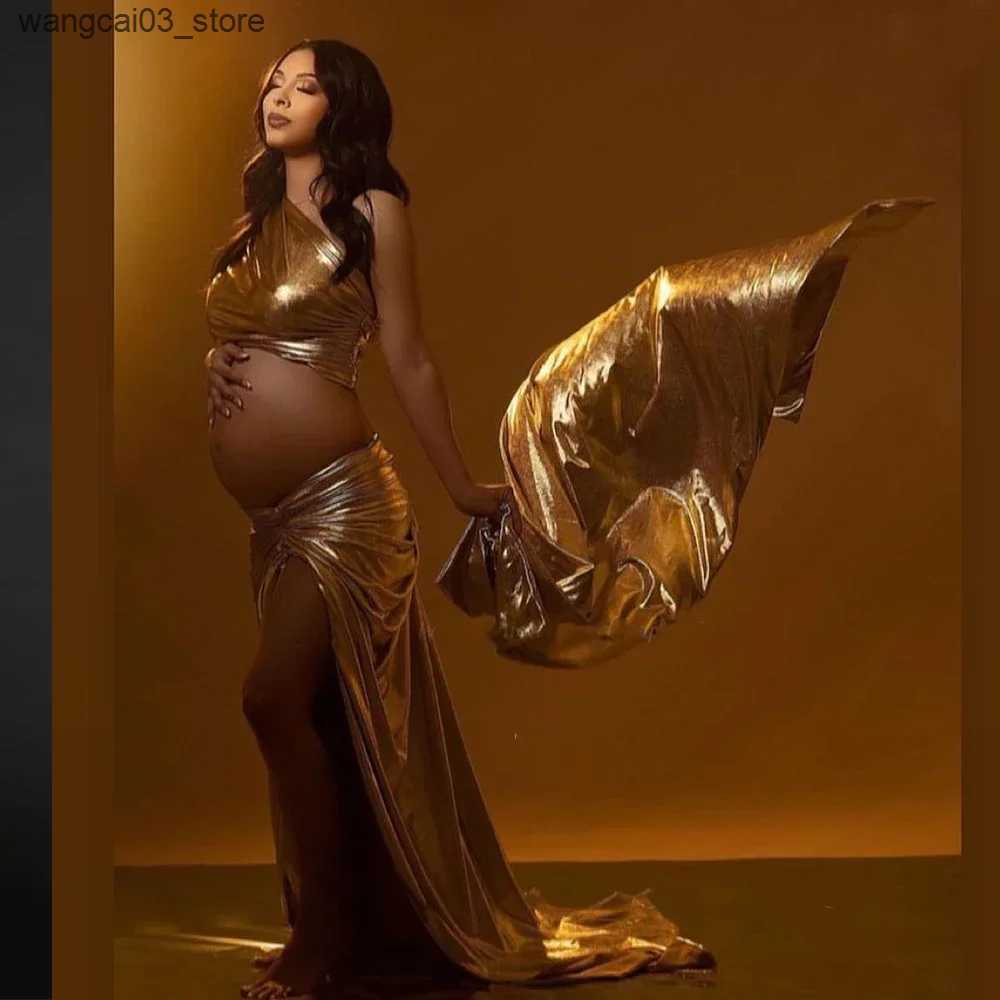 Maternity Dresses Golden Maternity Photography Props Wrap Cloth Dress Background For Photoshoot Of Pregnant Women Silver Shiny Stretch Fabric L240910