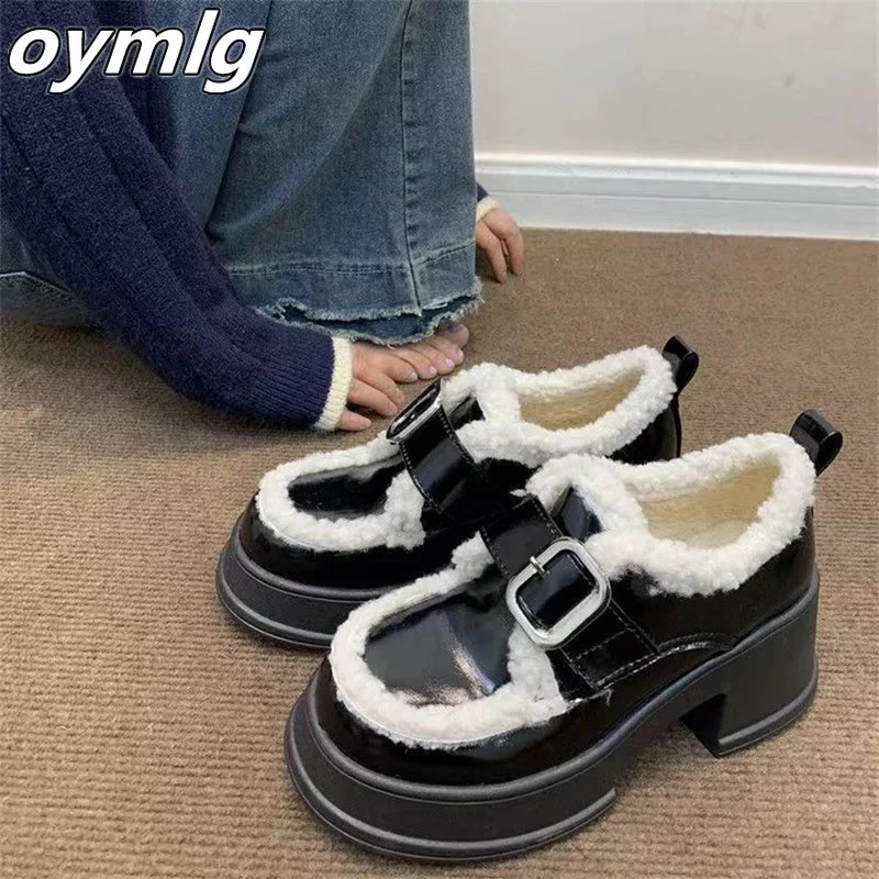 Thick soled Mary Jane lamb fur leather shoes for womens winter fashion casual small figure retro Lefu shoes 241007