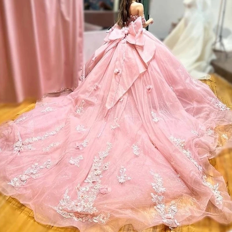 Pink Sweetheart Quinceanera Dresses Lace Flower Off The Shoulder Puffy Party Dress Crystal Beading Ball Gown Sweet 16 Dress Vestido xv 15 Anos