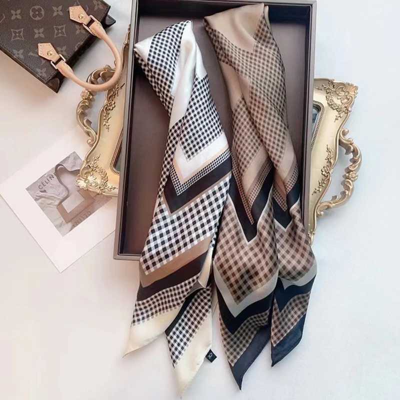 Bandanas Durag 1 piece of 70cm checkered geometric pattern womens silk scarf imitating silk simple version headwear clothing square scarf J241010