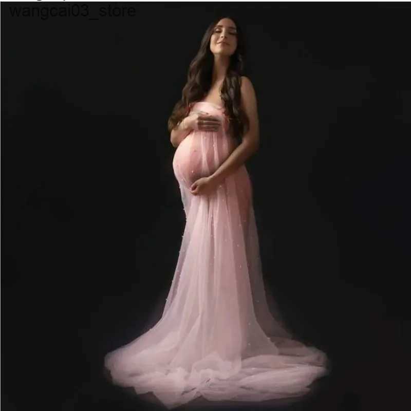 Maternity Dresses Sexy Beading Maternity Wrap Dresses For Photo Session Tulle Pregnancy Shoot Strapless Dress Long Pregnant Women Photography Gown L24