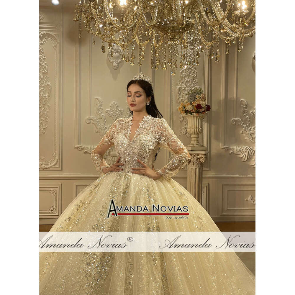 Champagne Color Wedding Dress With V-necke