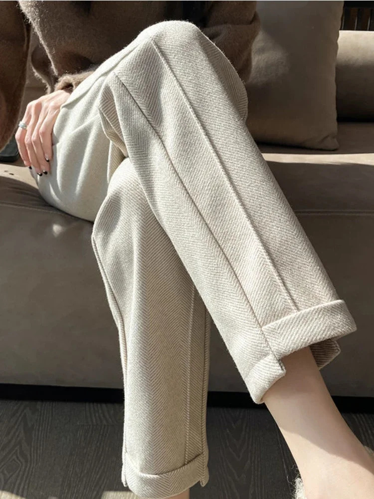Highwaisted Tweed Straight Pants 2024 AutumnWinter Women S Loose Casual Herringbone Warm Thickened Cropped 241009