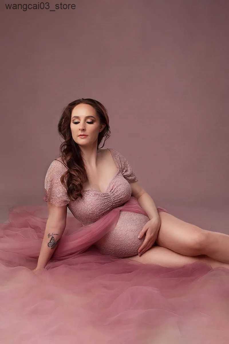 Maternity Dresses Maternity Photography Tulle Dresses Bodysuit Outfit Pregnant Woman Photo Shoot Sides Slit with Tulle Lace Long Flying Dress L240910