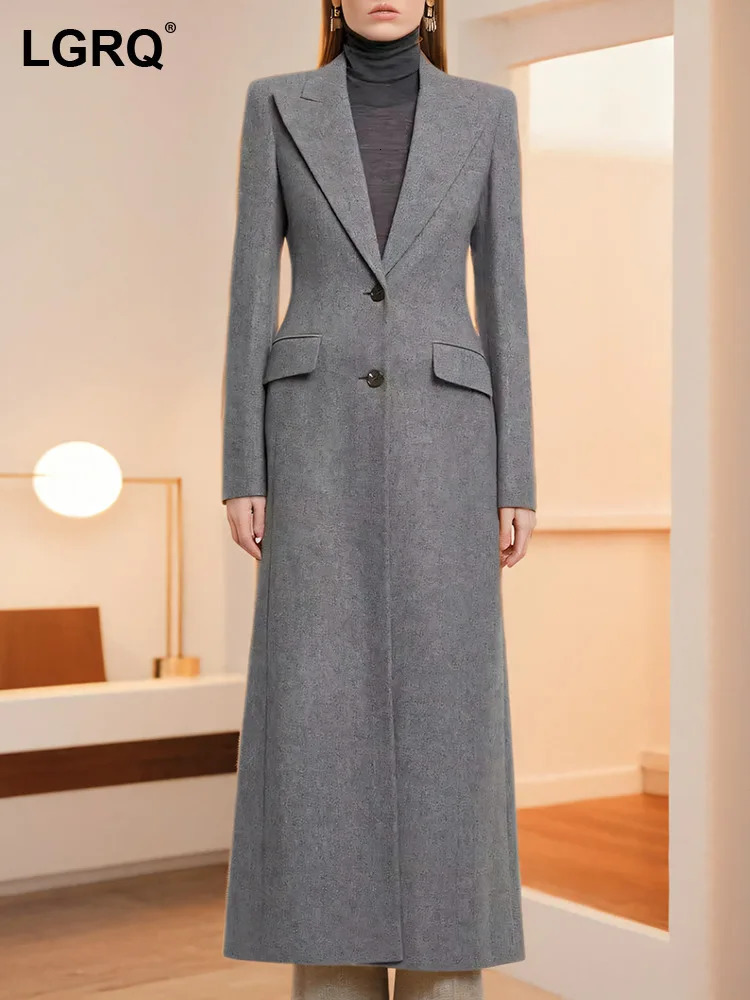 LGRQ Womens Long Wool Coat with Open Collar and Single Chest A-line Ruffle Elegant Coat Autumn Trendy Clothing 241011