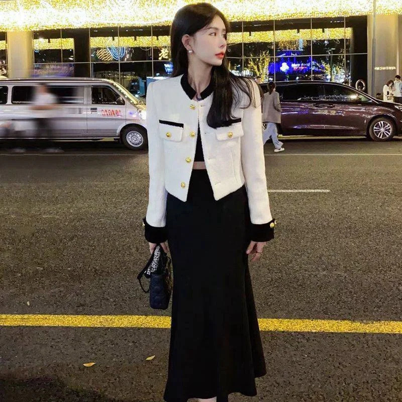 Simple coarse tweed short sleeved womens retro stand up collar single chest solid long sleeved jacket Korean womens casual top jacket 240930