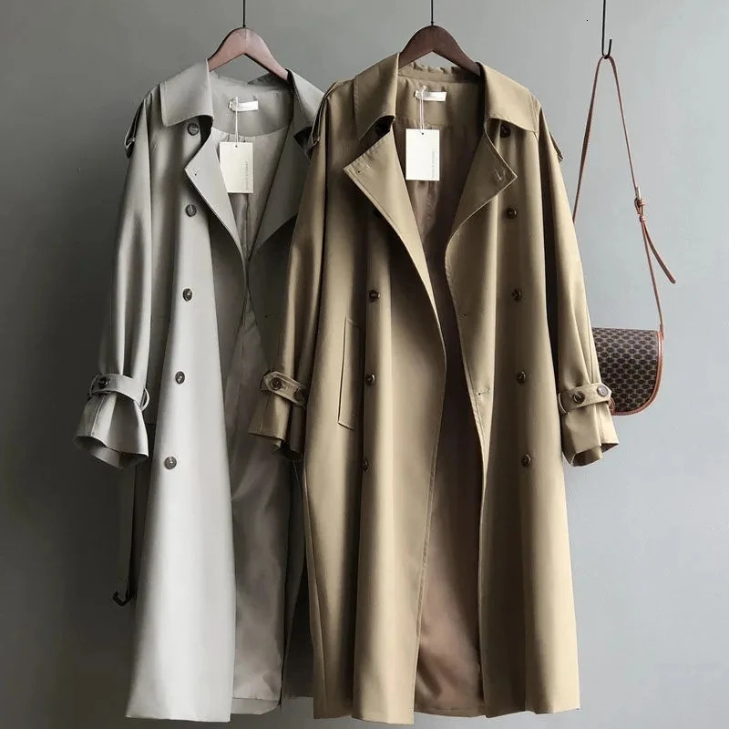 Classic long trench coat womens spring chic khaki double chest with badina jacket Korean casual windproof machine Abrigos Casacos 240927