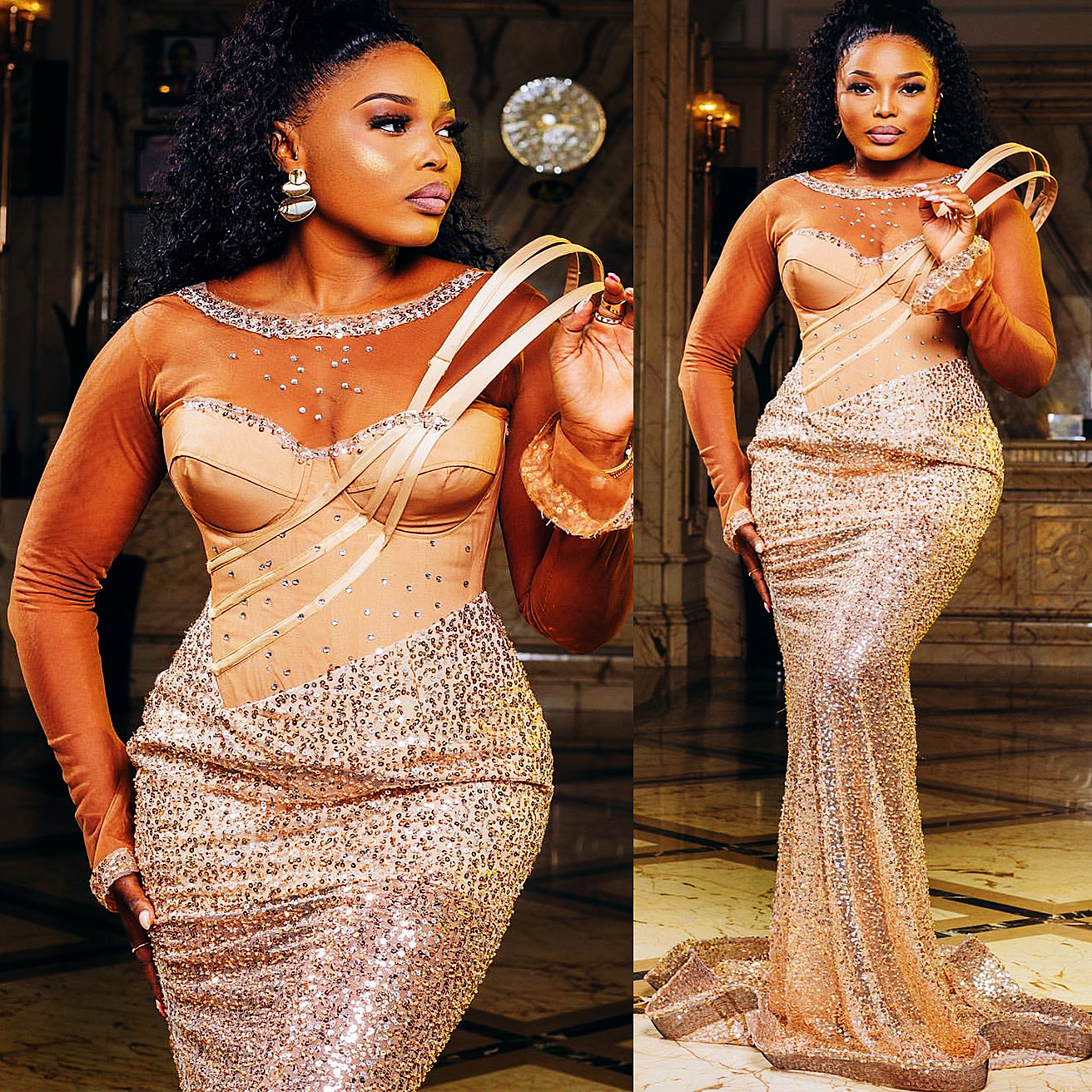 Ebi Aso Gold Illusion Mermaid Prom Dresses Sequined Rhies Full Sleeves Evening Formal Party Second Reception Birthday Gowns Dress For Special Ocns