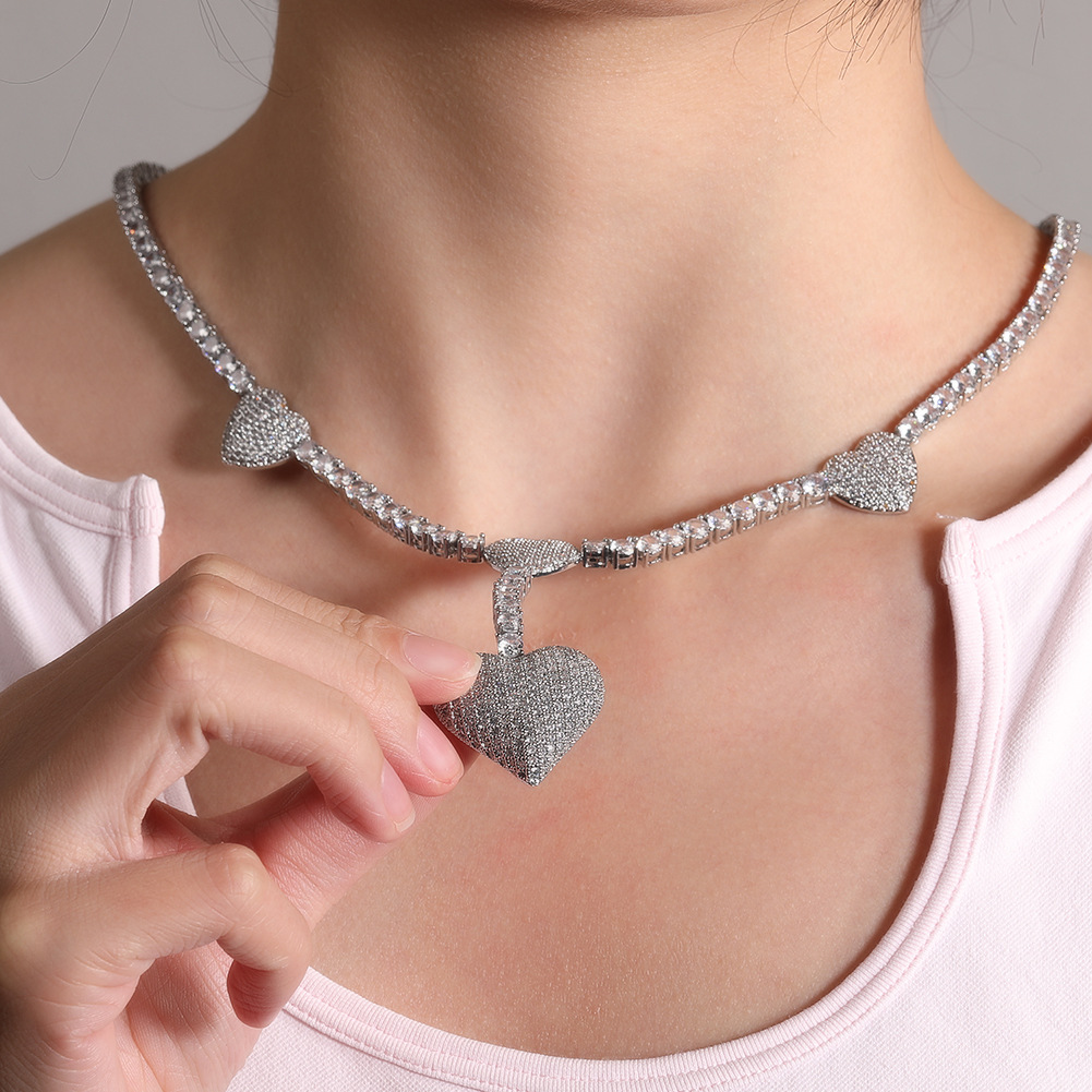 Hip Hop Love Heart Pendant Necklace 5A Zircon with Tennis Chain Jewelry 18K Real Gold Plated Jewelry