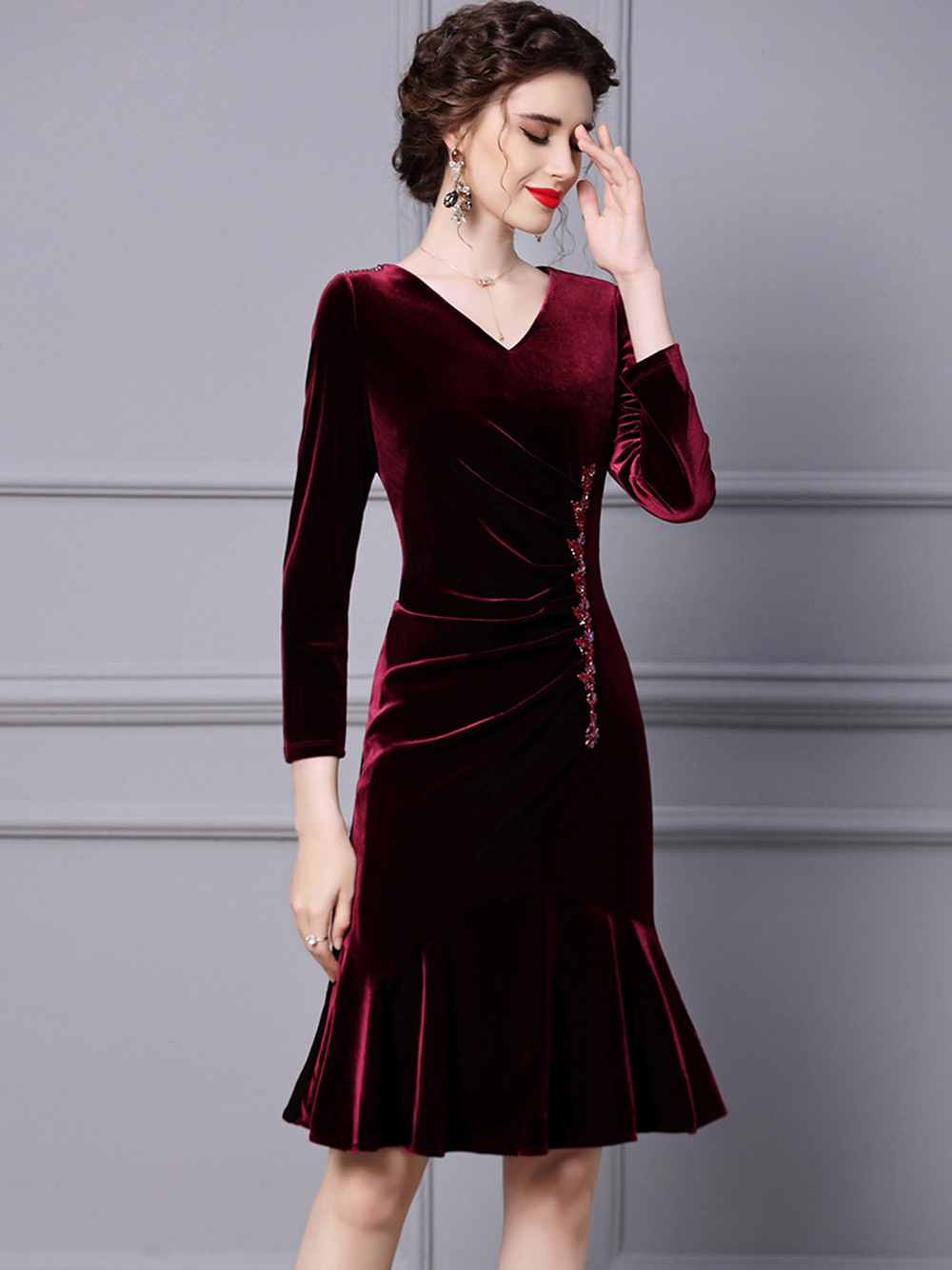 0C-SB9447 407M17 Women's Basic & Casual Dresses Autumn and Winter Golden Velvet Long Skirt Evening Dress