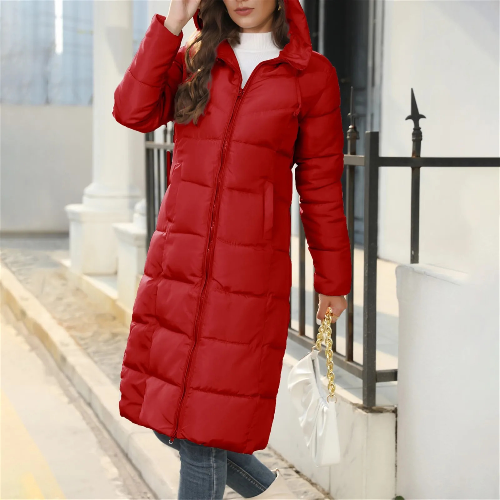 Womens winter coat hooded mid length down jacket ultra-thin suitable for cotton pad jacket large size lightweight warm cotton jacket 3 colors 241011