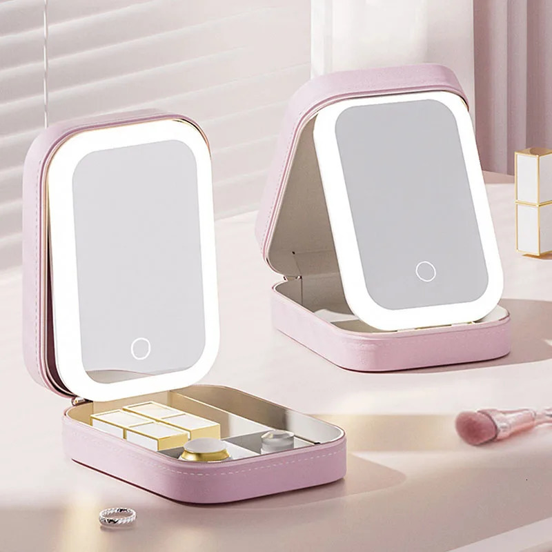 LED makeup bag with mirror suitable for women portable makeup storage bag small lipstick brush wireless makeup case with light 241008