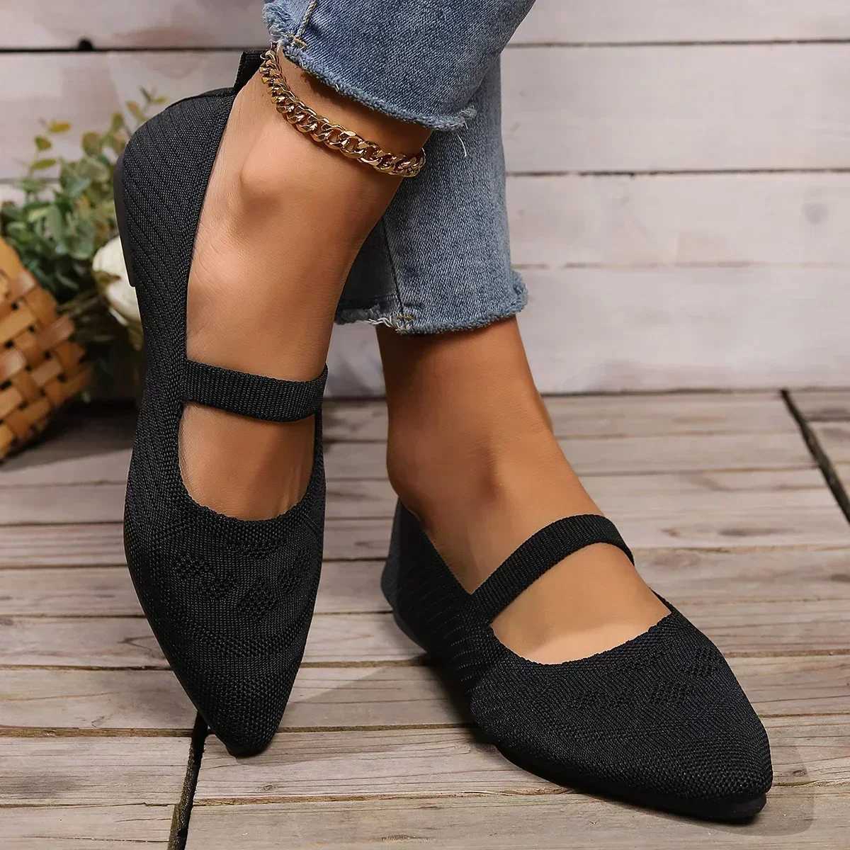 Womens Pointed Toe Flat Shoes Solid Color Knitted Shoes Casual Breathable Ballet Flat Shoes Zapatos Mujer 2024 Tendencia Y241011
