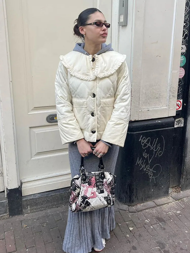 Women Elegant White Ruffled Lapel Cotton Coat Fashion Single Breasted Long Sleeve Warm Jacket Autumnwinter Lady Short Coats 240930