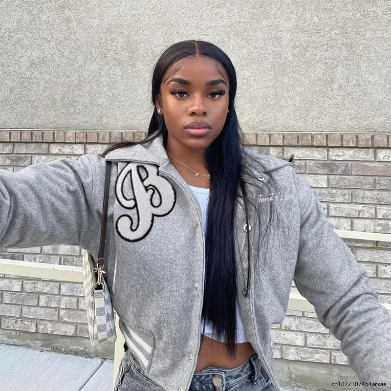 Womens baseball jacket single chest letter hip-hop streetwear crop top university bomber jacket casual college jacket pink 241011