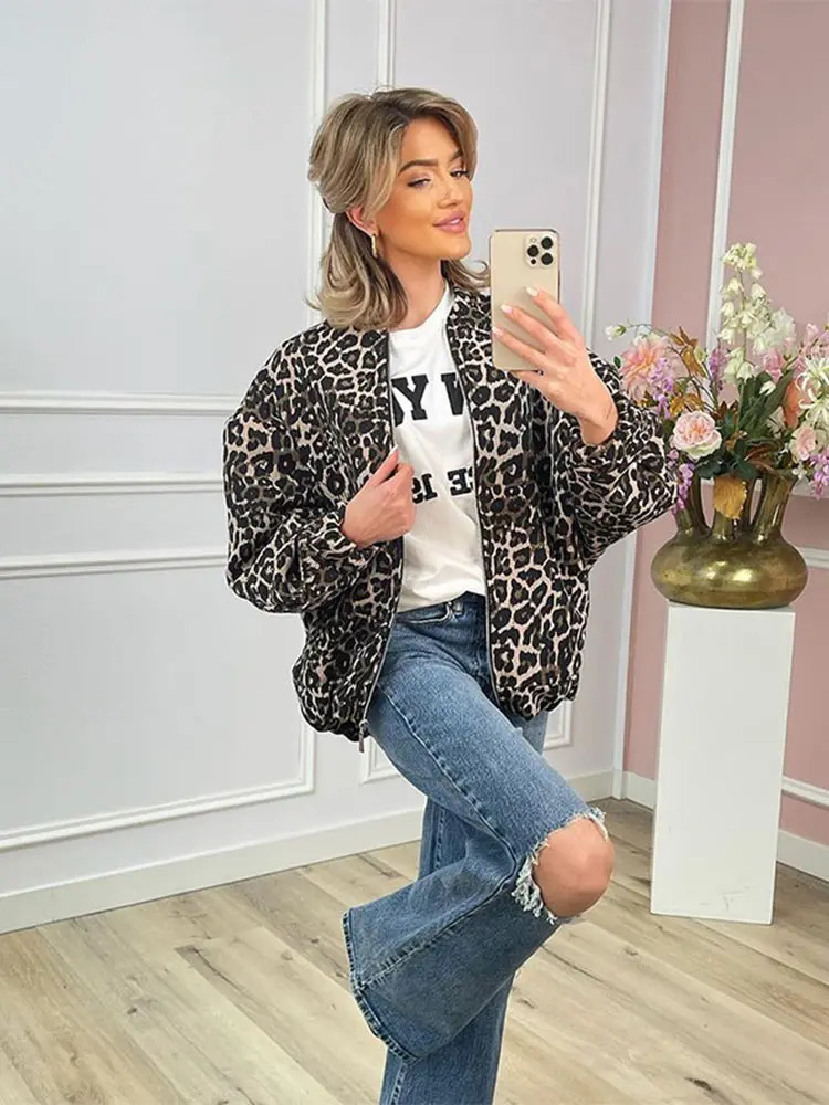 Fashion Leopard Pattern Cashmere Coat Autumn/Winter Fashion Warm Coat Womens O-neck Zipper Loose Jacket 241007