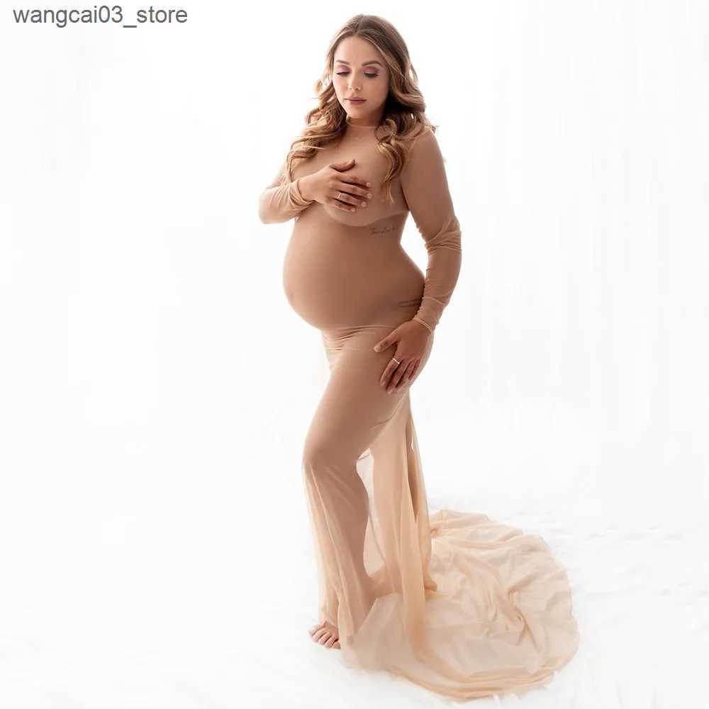 Maternity Dresses See Through Stretchy Mesh Maternity Photoshoot Dress Boat Neck Full Sleeve Skinny Pregnant Woman Mesh Long Dress L240910