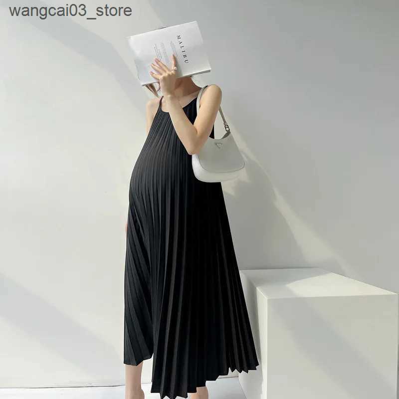 Maternity Dresses Maternity Dresses Chiffon Pleated Long Pregnancy Dress Casual Loose Maternity Clothes For Pregnant Women Fashion 2024 Plus Size L240