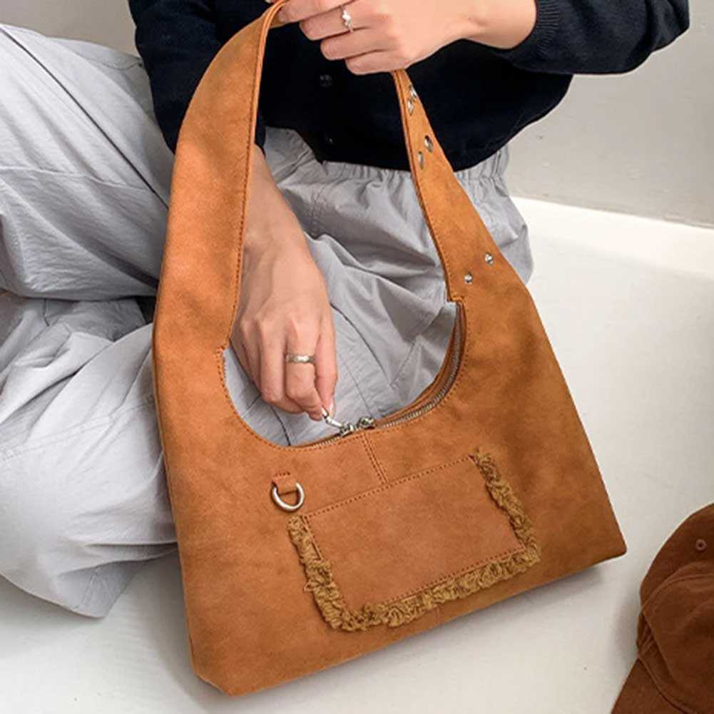 Ladies Suede Shoulder Bag with Double Zipper Tote Adjustable Strap Handbag Solid Clutch Purse for Work Travel 241011