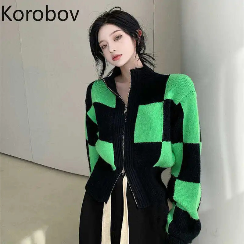 Korobov Korean Elegant Women Turtleneck Crop Cardigans Japanese Hit Color Plaid Harajuku Cardigan Vintage Zipper Sweaters 241007