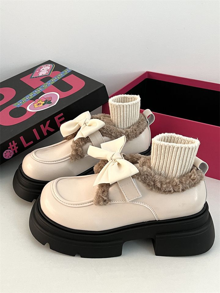 Women Fashion Casual Thick Sole Increase Height Leather Shoes Vintage Style Versatile Winter Warm Triple Black Beige Brown fashion