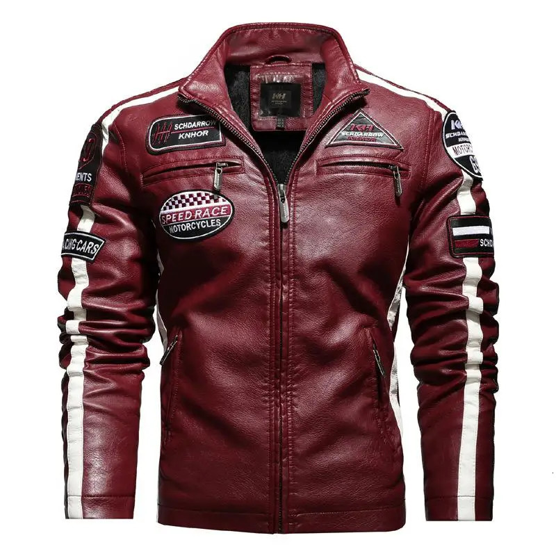 Mens ultra-fine PU motorcycle jacket fashionable leather jacket plush contrasting color ed pilot jacket autumn and winter 240927