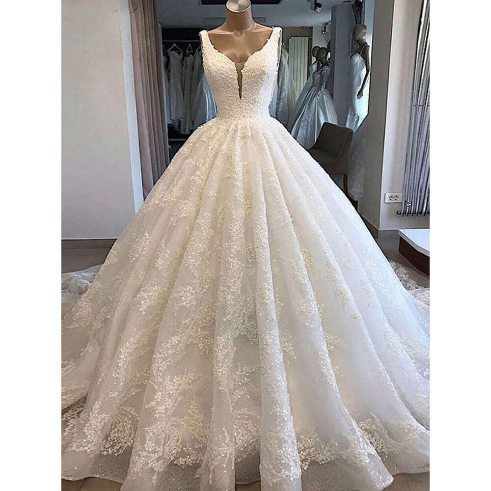 Miaoduo Elegant Lace Tulles WED BRIDE Wedding Dresses Deep V-neck Ball Gown Puffy Bride Bridal Gowns With Long Train
