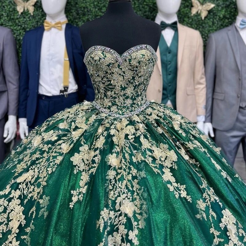 Emerald Green Ball Gown Quinceanera Dresses Sweet 16 Dress Off the Shoulder Gold Appliques Lace Beads Corset Birthday Party Vestidos De 15 Anos