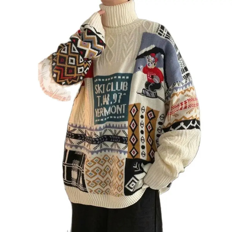 Winter Men Turtleneck Sweaters Christmas ski bear Knitted Pullovers Casual Sweaters Male Knitwear Hip Hop Pullovers 241009