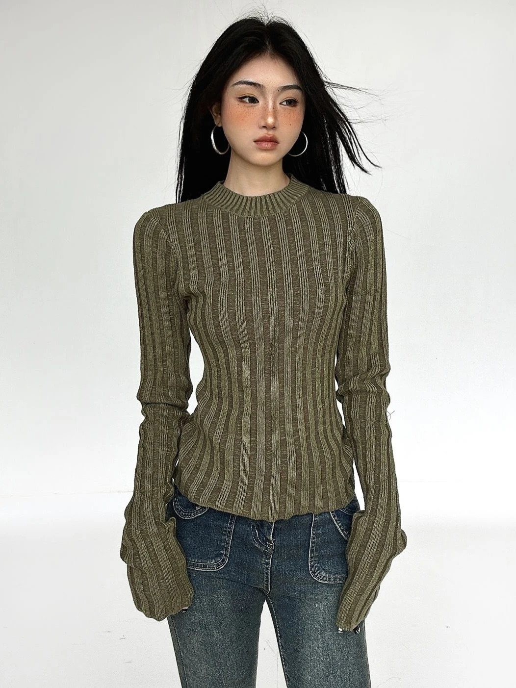 Deeptown Vintage Green Crop Sweater Women Fairy Grunge Striped Pullover Casual Slim Knitted Jumper Harajuku Fashion Sueter Mujer 241011