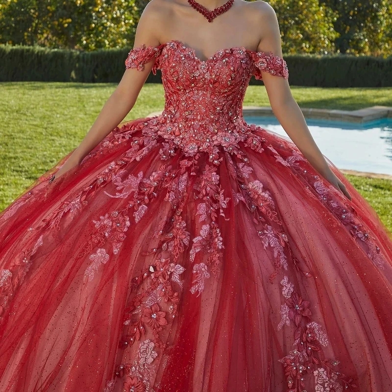 Gorgeous Red Quinceanera Dresses Sweet 16 Year Ball Gown Off the Shoulder Applique Lace Beads Tull Birthday Party Dress Vestidos De 15 Anos