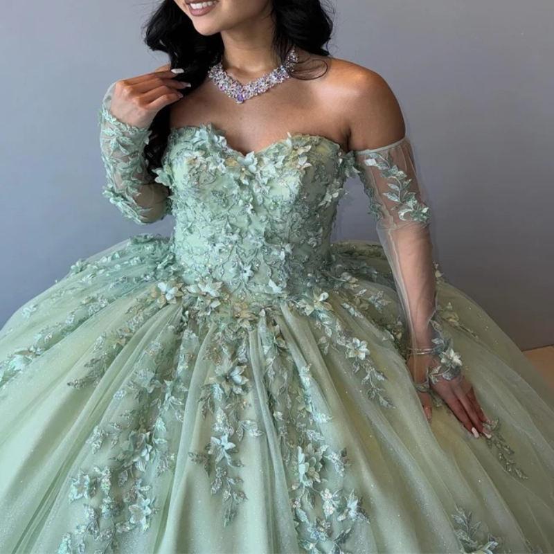 Green Quinceanera Dresses Off Shoulder Ball Gown Sweet 16 Dress Vestidos De 15 Anos Applique Lace Beads Tull Birthday Party Princess Pageant