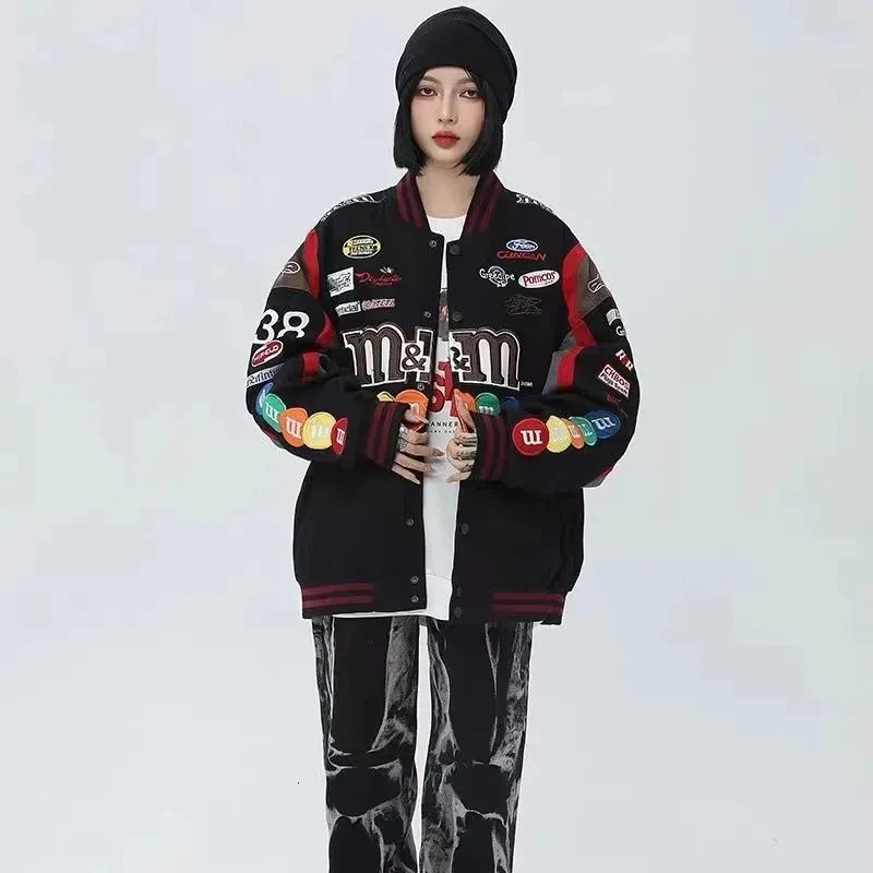 Bomber Jacket Women Hip Hop Letter M Embroidery Motorcycle Loose Casual Coat Unisex Street Racing Varsity Baseball Outwear 241011