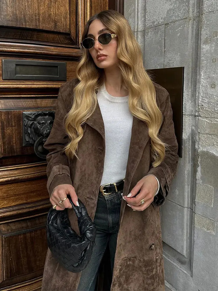 Women Khaki Faux Leather Long Coat With Belt Fashion Doublebreasted Lapel Oversize Jacket Autumn Female High Street Outerwear 240930