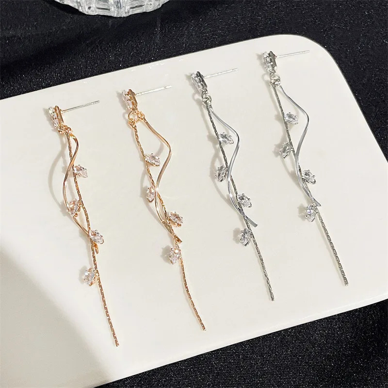 Long Silver Plated Crystal Leaf Tassel Drop Earrings For Women Wedding Fashion Jewelry Gift 240906