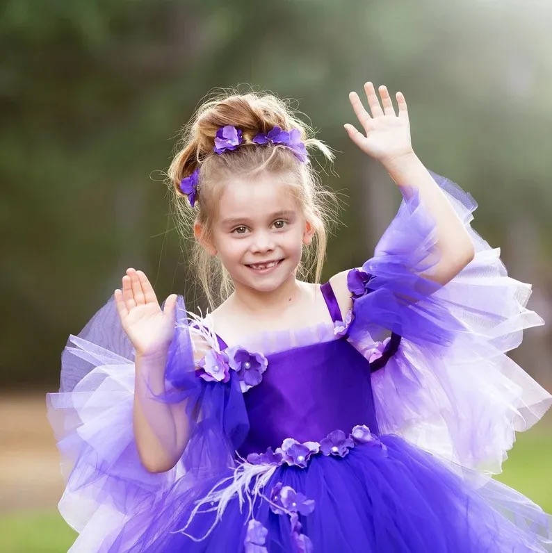 New Purple Flower Girl Dresses Ball Gown Tulle Little Girl Wedding Vintage Communion Pageant Gowns