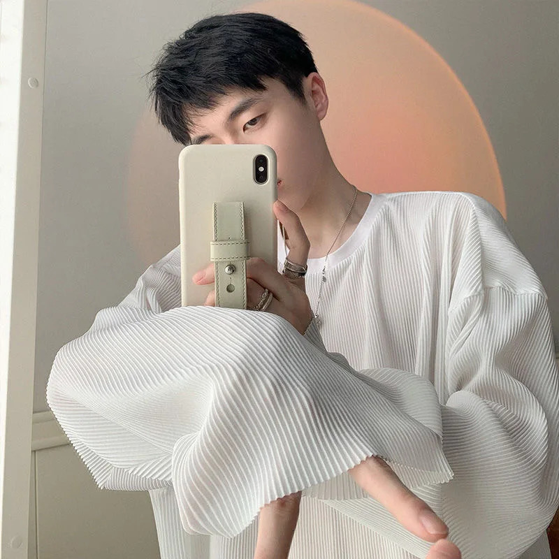 Loose Autumn Men Long Sleeve T Shirts Fashion O Neck Vertical Lines Solid Color Casual Men T Shirt Tops 241011