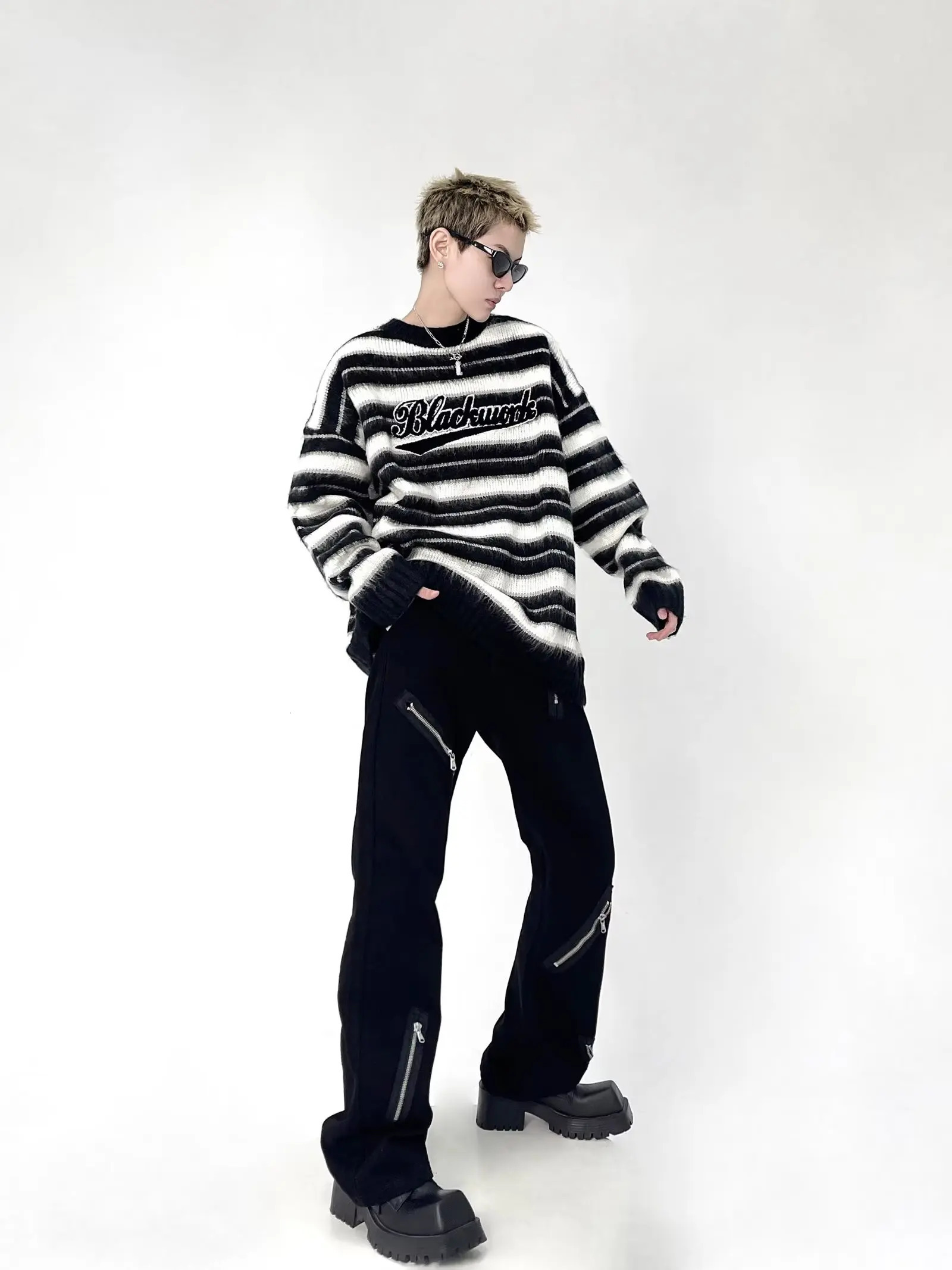 US striped round neck loose mens sweater strapless knit couple jacket Korean style sweater 241007