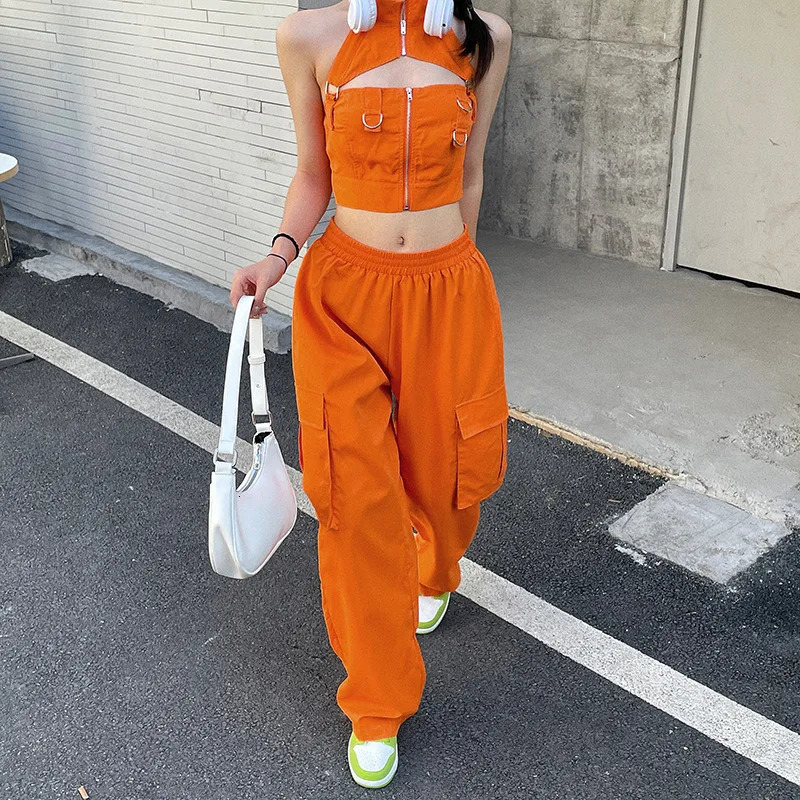 Puloru Orange Baggy Cargo Pants Women Casual High Elasitc Waist Straight-Leg Trousers with Side Pockets Streetwear Sweatpants 241011