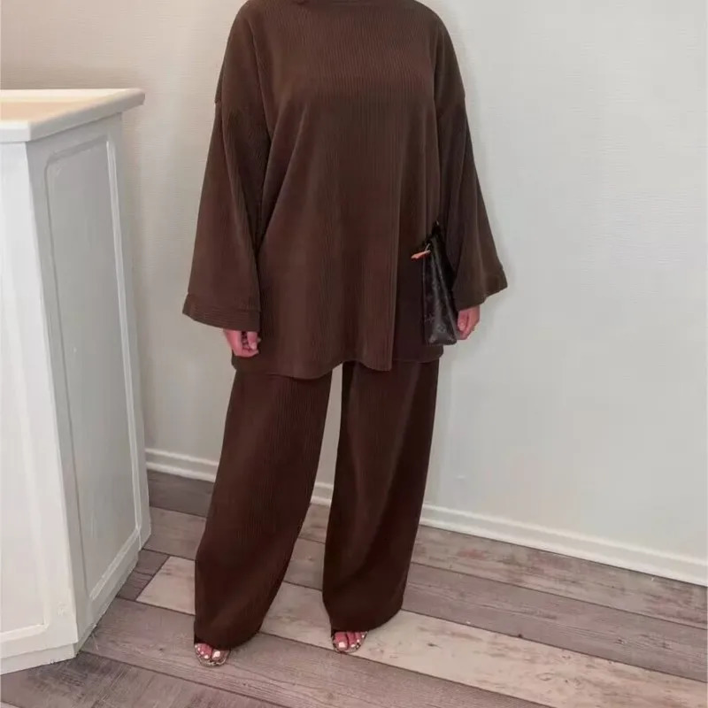 Two piece womens pants set for autumn and winter Corduroy casual solid round neck zipper loose long sleeved 241008