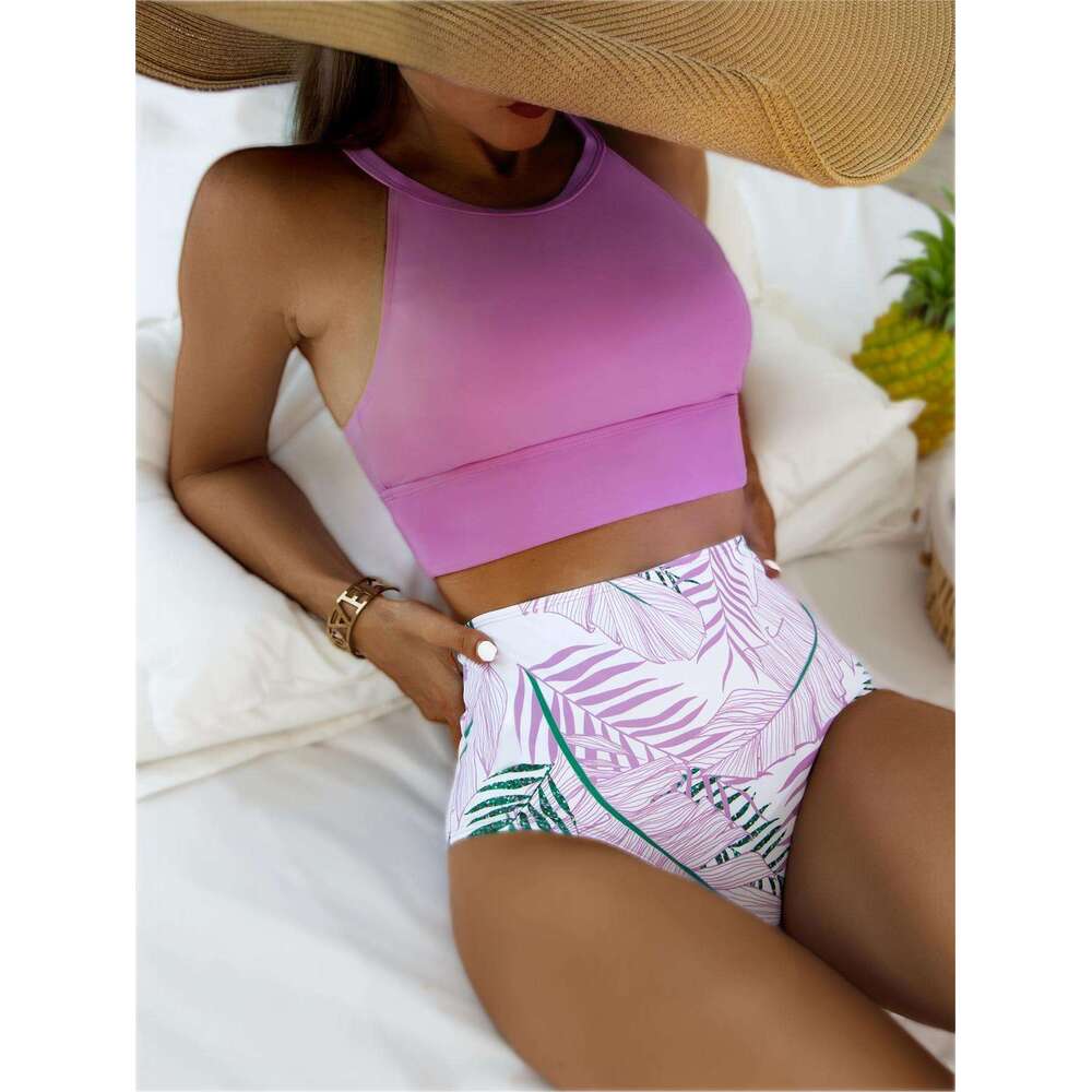 New 2023 Bikini Women's Sexy Solid Color Printed Split High Waist Concealed Belly Hot Spring Swimsuit