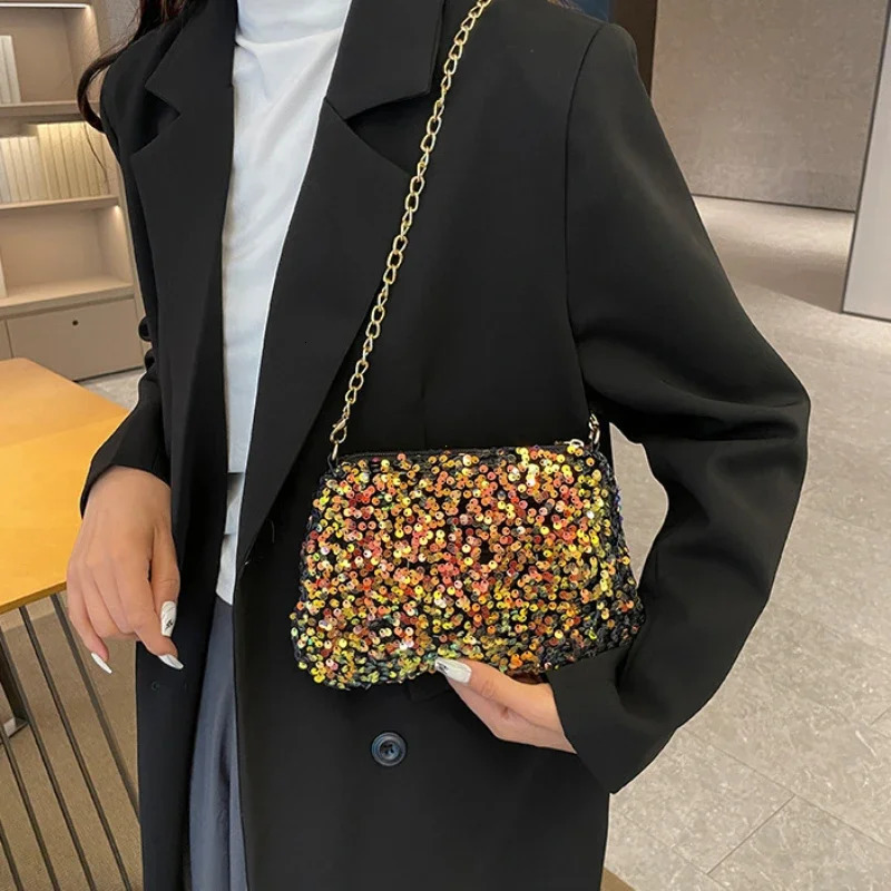 Sequins Crossbody Chain Bag Simple INS Solid Color Shoulder Underarm Phone Purse Evening Clutch Bags Handbag 240925