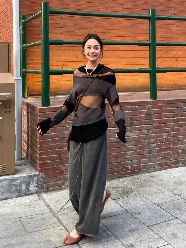 Yedinas Loose Patchwork Hollow Out Knitted Tops Long Sleeve Autumn Streetwear Thin Sweater Women Pullovers Ladies Jumper 241011