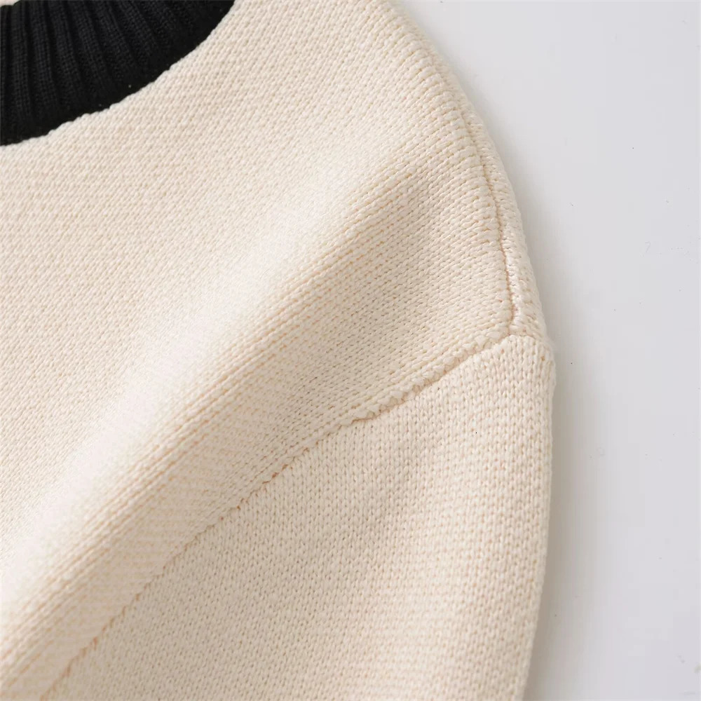 RARF Autumn European and American Breasted Long Sleeve Black White Round Neck Knitted Open Short Jacket 241010