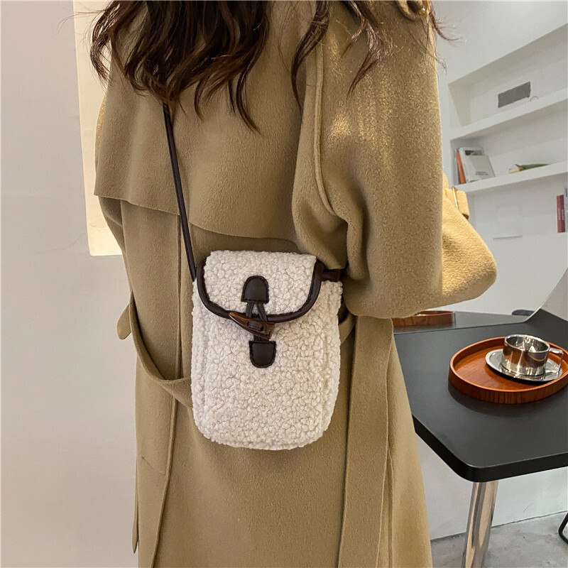 New Mobile Phone Contrast Color Simple Western Style One Shoulder Crossbody Small Women's Autumn and Winter Lamb Plush Bag