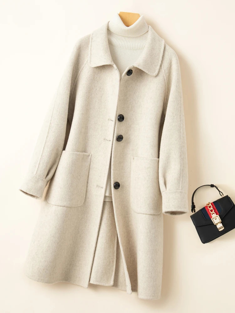 Reversible cashmere coat for women small medium long high-end double-sided cotton doll collar loose fit 100% wool coat 241011