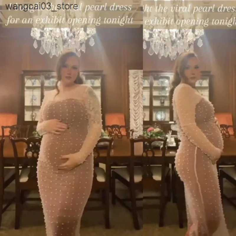 Maternity Dresses Womens Sheer Mesh Pearl Rhinestone dress Beach Bikini Swimsuit Coverups Maternity Dresses Photoshoot L240910