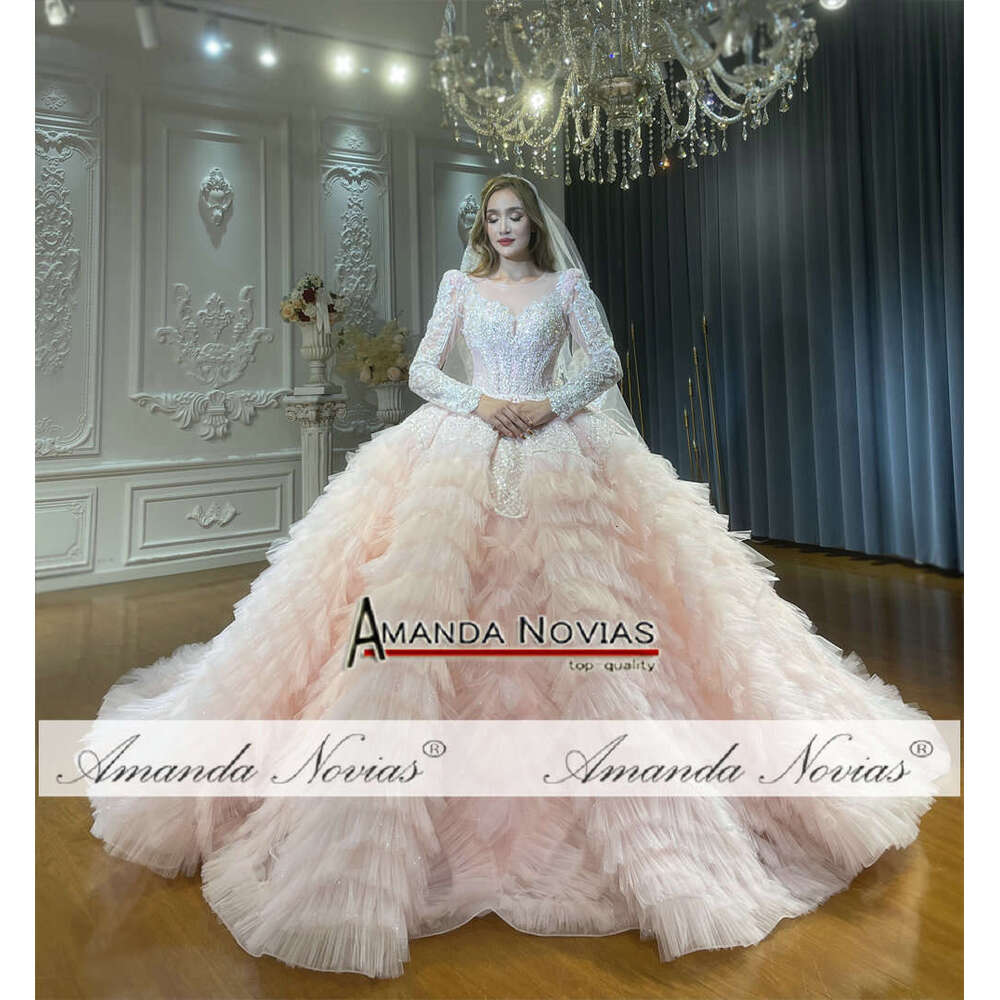 Baby pink Lace Applique Ruffle Wedding Dress Ball Gown Wedding Dresses